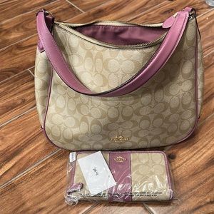 Coach Signature Bag, Color Beige & Mauve with Matching wallet (New)